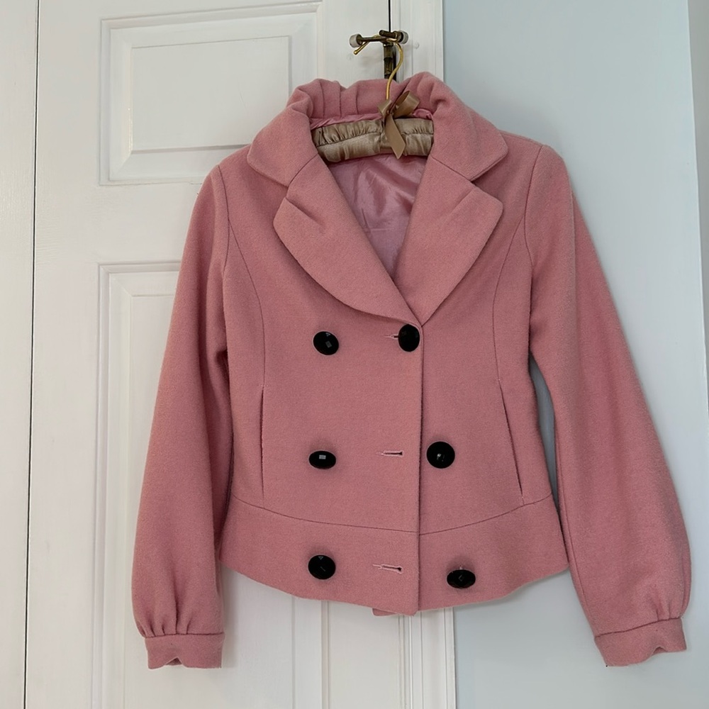 Women's Double Breasted Pea Coat Blush Pink with Adjustable Bow on the Back